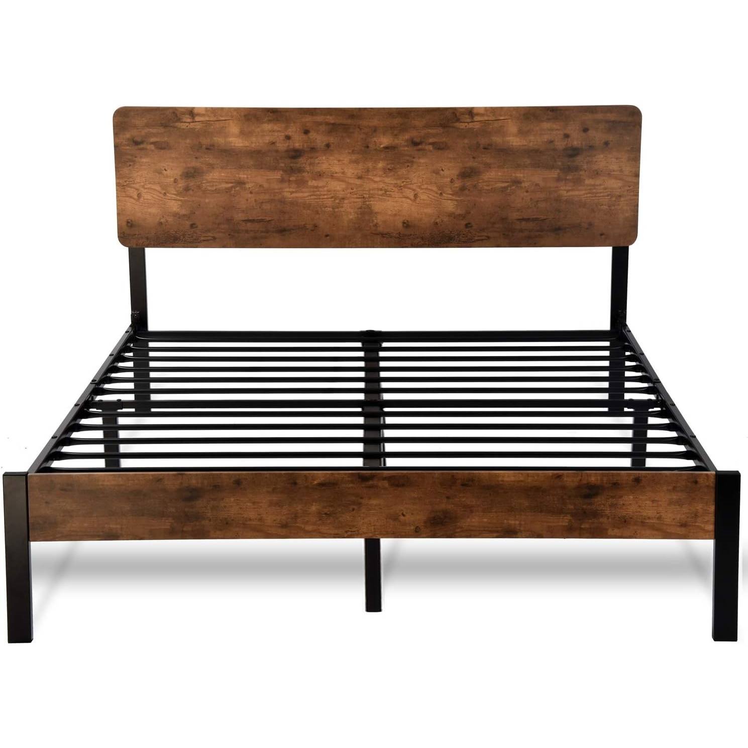 Queen Modern Metal Platform Bed Frame with Rustic Wood Headboard and Footboard