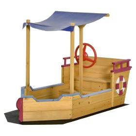 Pirate Ship Sandbox for Kids | Wooden Outdoor Sandboat with Storage Bench and Sun Canopy | Orange | Perfect for Ages 3-8