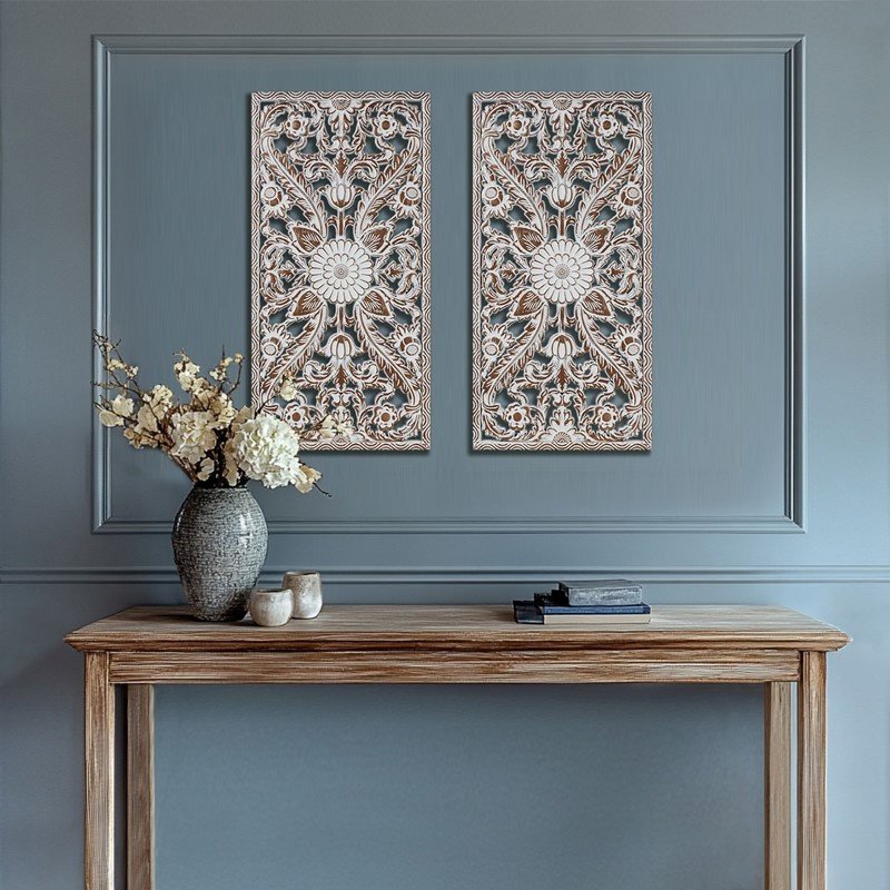 2 PCS Botanical Panel Distressed Carved Wood Wall Decor Set