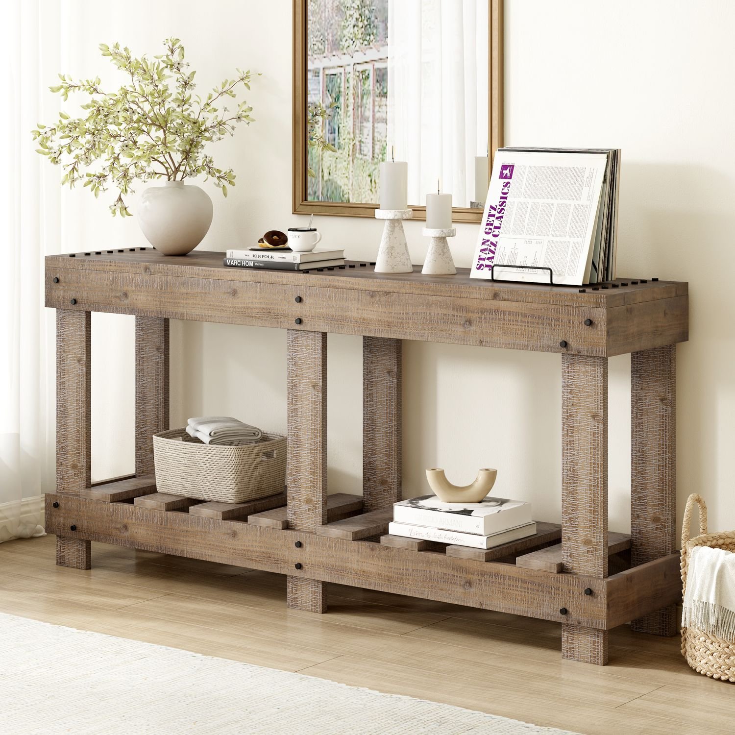 U_Style 62.9" Vintage Entryway Table - Fir Solid Wood with Natural Grain, 6 Reinforced Legs & 4.5" Thick Desktop