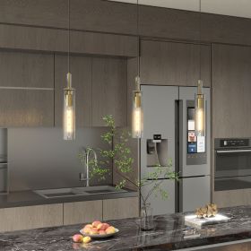 Gold Pendant Light Fixtures, 3 Pack Modern Pendant Lighting with Clear Striped Glass Shade, Hanging Pendant Lights Kitchen Island