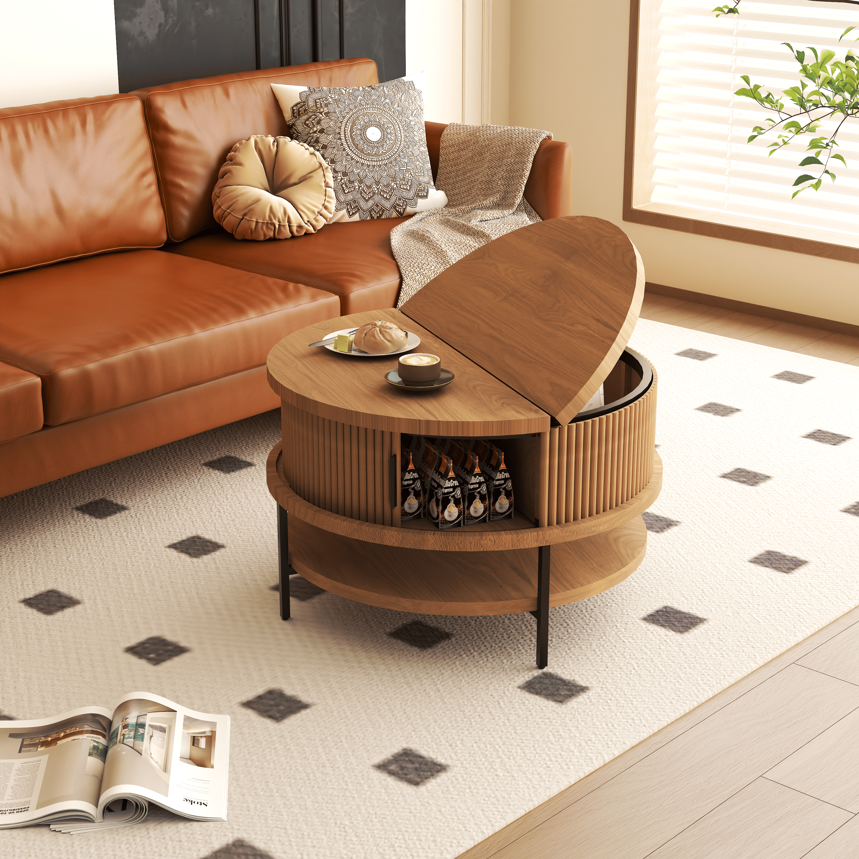 Flip-Top Round Coffee Table with Storage for Living Room, 31.5" Farmhouse Style Center Table with Sliding Doors & Hidden Compartment