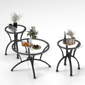 3 Piece Tempered Glass Surface Coffee Table Set, Decor Coffee Table Round End Side Table with Sturdy Construction for Living Room (Rustic Black)