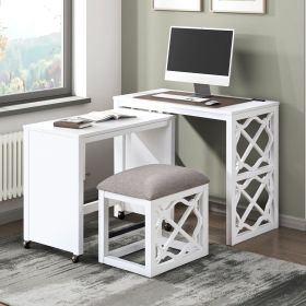 Desks and Stool Set 3pc White Finish Rolling Desk with Casters, 2 Charging ports Home Office Furniture
