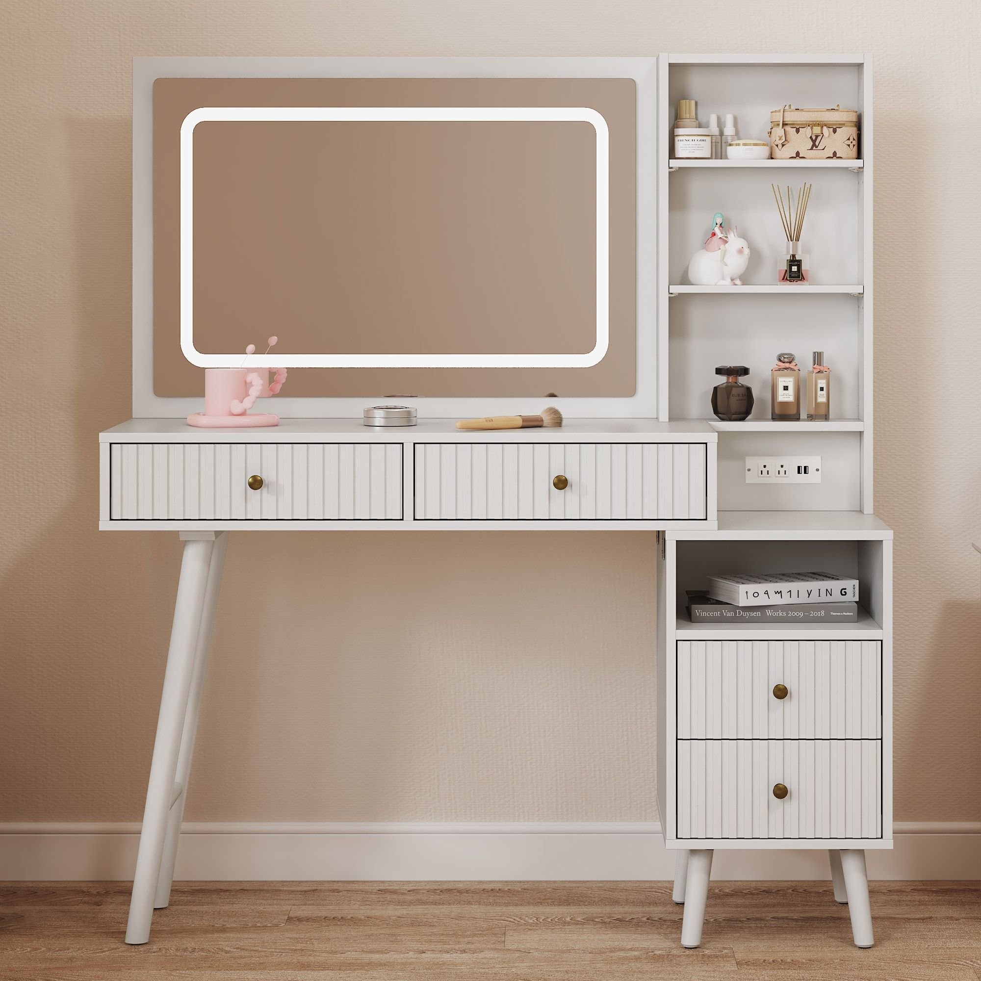 Fluted Vanity Desk with LED Lighted Mirror, Makeup Table with Drawers, 3 Lighting Colors Touch Control, for Bedroom, White