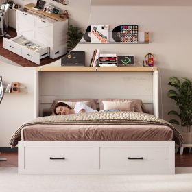 Queen Murphy Bed with Charging Station,Farmhouse Murphy Cabinet Bed with Large Storage Drawer,Hideaway Foldable Platform Bed for Guest Bedroom