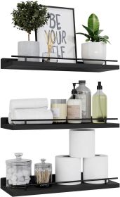 Floating shelving unit with black metal railing, 3-piece set, suitable for bedrooms, bathrooms, kitchens, living rooms, etc., for displaying plan
