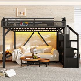 Full Loft Bed with Storage Stairs, Shelves and Built-in Wardrobe, Metal Loft Bed Frame with USB Ports and LED Lights, Noise-reduced Design