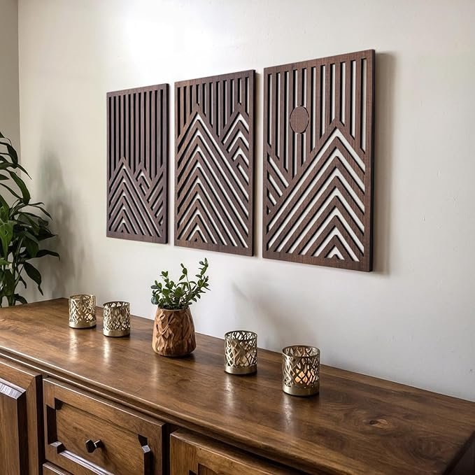 Modern Wooden Wall Sculptures - Set of 3 - MDF - Oak - Home Decor Accent - Large Wall Art for Living Room, Bedroom, Office - Easy Installation (W