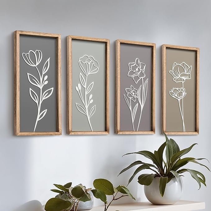 3D Wooden Bathroom Wall Decor (Set of 4) Lightweight, Ready-to-Hang Framed Wall Art For Living Room, Bedroom