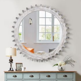 Vintage 42'' x 42'' Wood Round Hanging Gear Shape Heavy Decorative Mirror For Bathroom Living Room Entryway Or Put Together To Your Liking.(Antiq