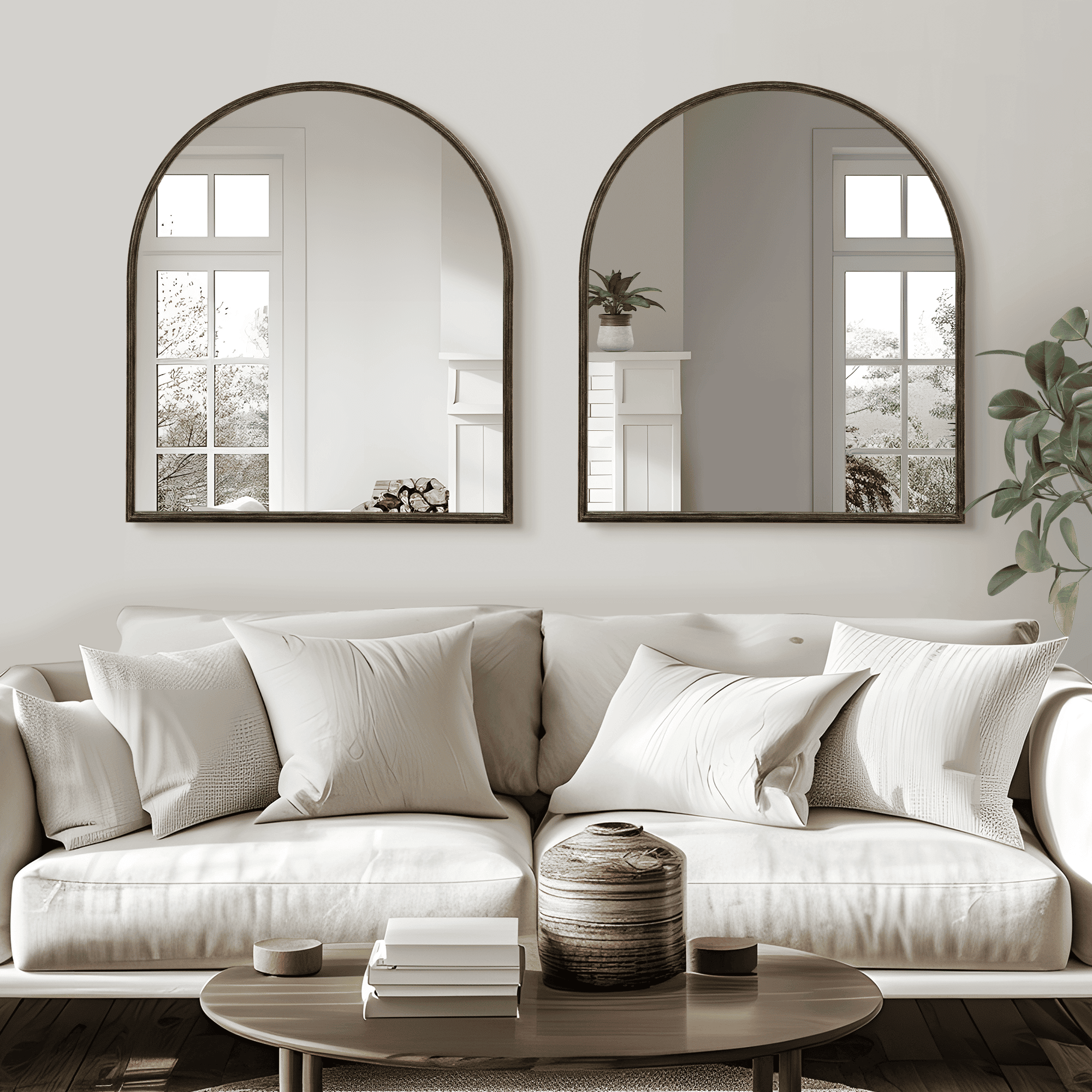 36"*32"Iron right-angled arched antique bronze wall mirror Decorative Bathroom Mirror with Elegant Scalloped Design (Set of 2)