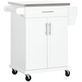 Kitchen Island with Stainless Steel Top, Rolling Kitchen Cart on Wheels with Storage Drawer, Cabinet, Towel Rack and Spice Rack (White)