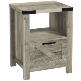 Side Table with Storage, Farmhouse End Table with Drawer, Open Shelf and Barn-style Panel, Nightstand for Living Room, Bedroom, Grey