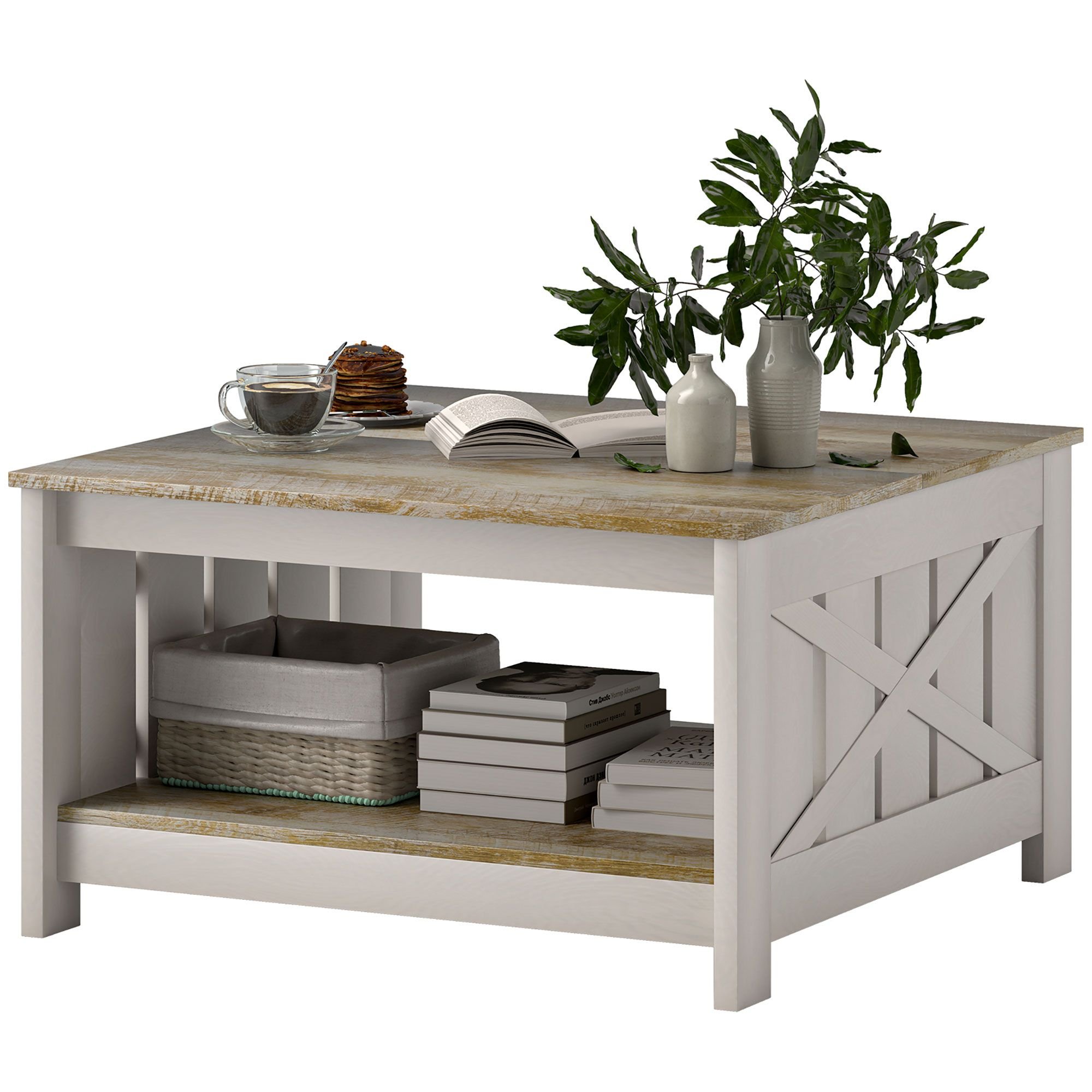 31.5" Square Coffee Table, Farmhouse 2-Tier Center Table for Living Room, Distressed Oak and Brown