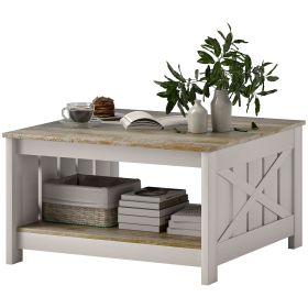 31.5" Square Coffee Table, Farmhouse 2-Tier Center Table for Living Room, Distressed Oak and Brown