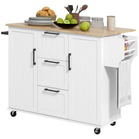 Rolling Kitchen Cart on Wheels with Drop Leaf, Kitchen Island with 3 Drawers, Solid Wood Top and Towel Rack, White