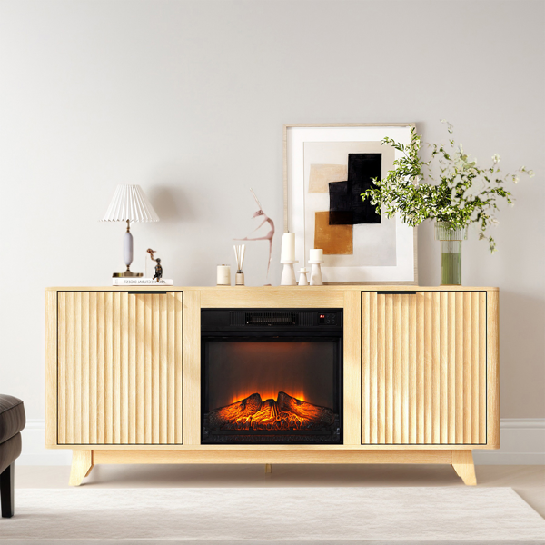Oak Finish Fireplace TV Stand With 18 Inch Insert & Double Grid Doors, Embossed Particle Board Media Console 58 X 13.6 X 25.4 Inch (Option: defaulttitle)