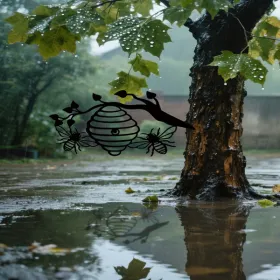 CIFbuy Sunny Yellow Honeycomb Iron Wall Art Outdoor Bee And Tree Silhouette Garden Hanging Decor For Patio Yard Backyard(TikTok, Temu Pick-up Ser (Option: defaulttitle)