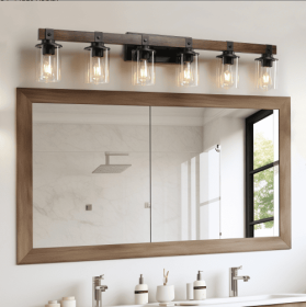 42 Inch Rustic 6-Light Vanity Light, Industrial Bathroom Wall Sconce With Glass Shades And Wood Accent, Modern Farmhouse Lighting Fixture No Bulb (Option: Walnut and black)