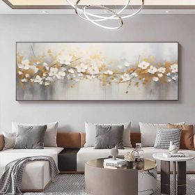 Hand Painted Abstract white flowers with golden Leaves Oil Painting on Canvas Large Original Textured Wall Art Boho Wall Decor Minimalist Living (style: 01, size: 60x120cm)