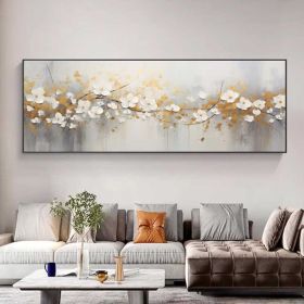 Hand Painted Abstract white flowers with golden Leaves Oil Painting on Canvas Large Original Textured Wall Art Boho Wall Decor Minimalist Living (style: 01, size: 120x240cm)