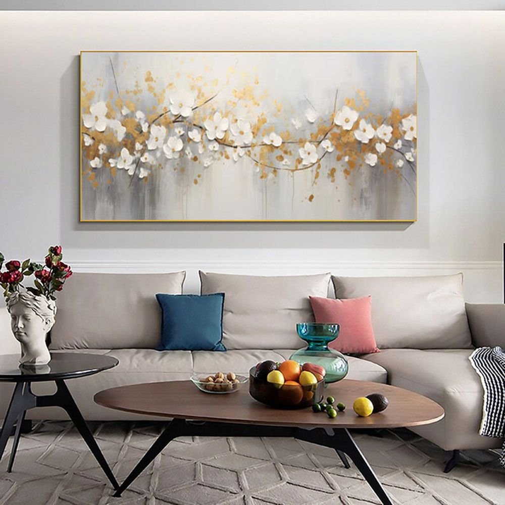 Hand Painted Abstract white flowers with golden Leaves Oil Painting on Canvas Large Original Textured Wall Art Boho Wall Decor Minimalist Living (style: 01, size: 100x200cm)