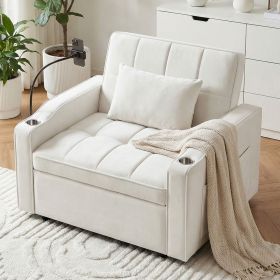 Corduroy Pull-Out Sleeper Chair With Pillow, Brushed Stainless Steel Cup Holder, Phone Stand & Usb Charging Port (Color: BEIGE)