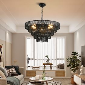 24" Rustic 5-Tier Black Hemp Rope Pendant Light Chandelier with 8 E12 Sockets, Boho Farmhouse Ceiling Fixture for Dining Room, Kitchen (Material: Iron, Color: Black)