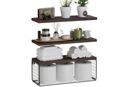 Bathroom Shelf Over Toilet, Floating Bathroom Shelf Wall Mounted with Wire Basket, Floating Shelf for Wall DÃ©cor (Color: Brown)