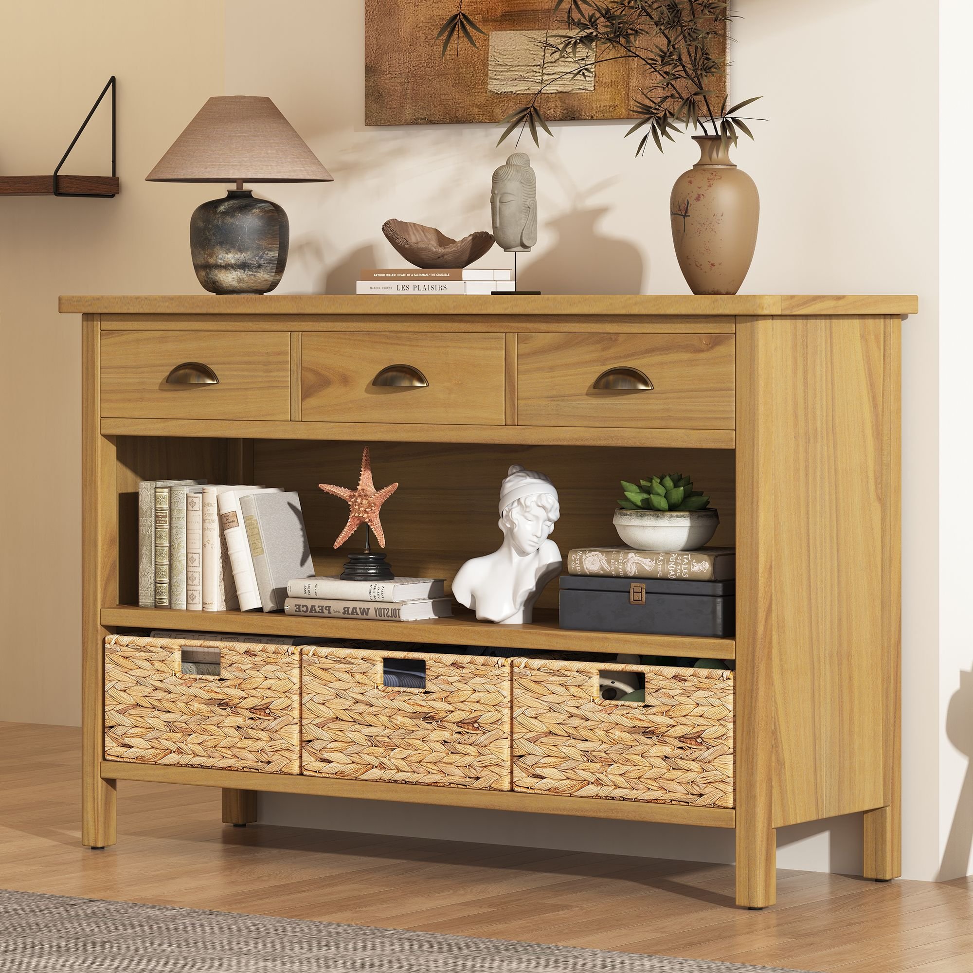 Vintage Console Table with Drawers,Water Hyacinth Woven Baskets,Multi-Color Options,Ideal for Entryway and Living Room (Material: MDF, Color: Natural)