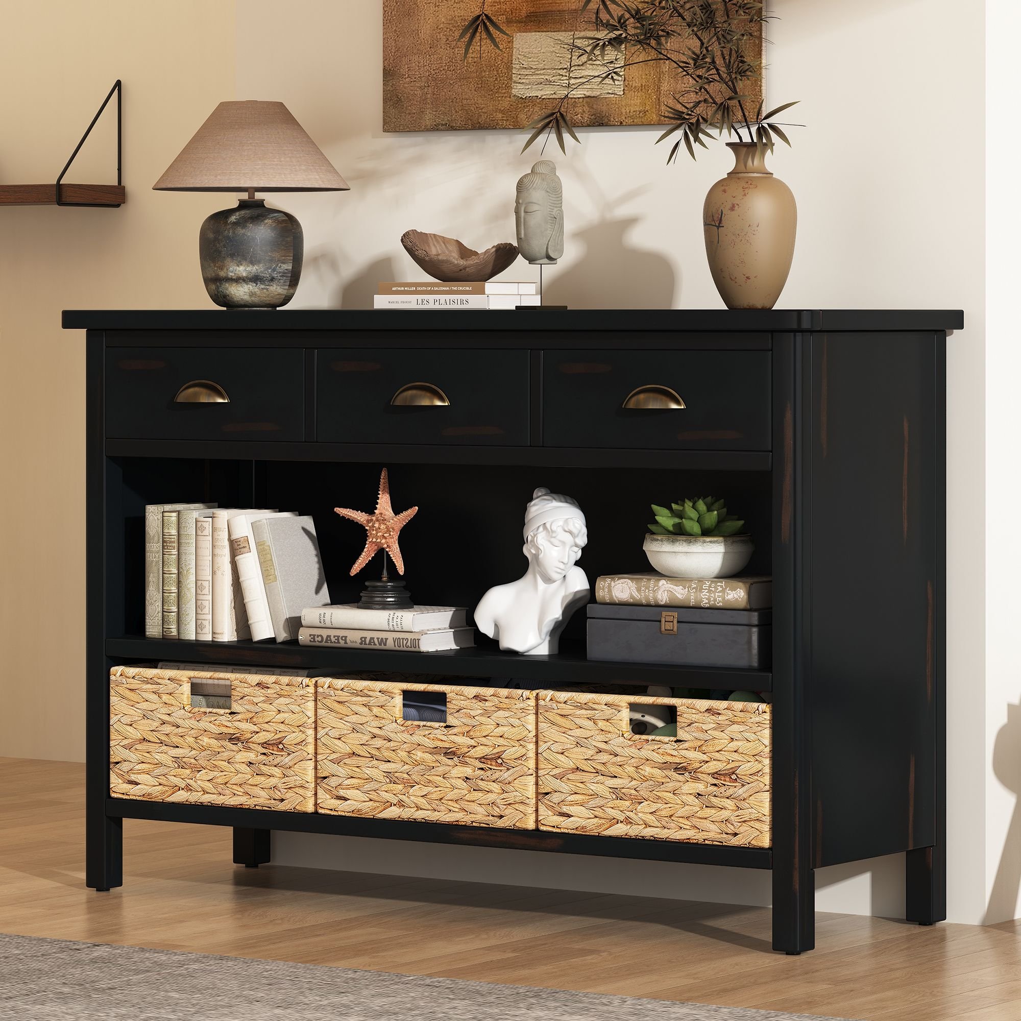 Vintage Console Table with Drawers,Water Hyacinth Woven Baskets,Multi-Color Options,Ideal for Entryway and Living Room (Material: MDF, Color: Espresso)