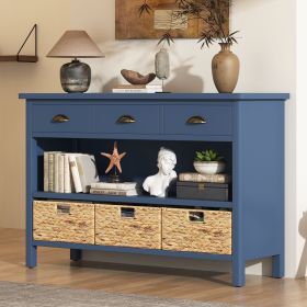 Vintage Console Table with Drawers,Water Hyacinth Woven Baskets,Multi-Color Options,Ideal for Entryway and Living Room (Material: MDF, Color: Navy)