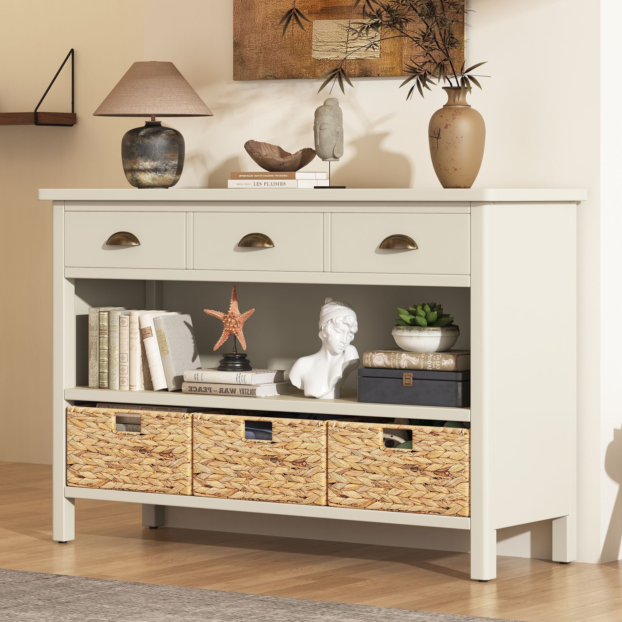 Vintage Console Table with Drawers,Water Hyacinth Woven Baskets,Multi-Color Options,Ideal for Entryway and Living Room (Material: MDF, Color: Antique White)