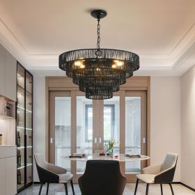 24" Rustic 5-Tier Black Hemp Rope Pendant Light Chandelier with 8 E12 Sockets, Boho Farmhouse Ceiling Fixture for Dining Room, Kitchen (Material: Iron,Rope, Color: Black)