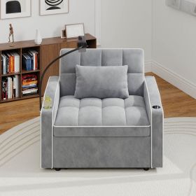 Corduroy Pull-Out Sleeper Chair With Pillow, Brushed Stainless Steel Cup Holder, Phone Stand & Usb Charging Port (Color: LIGHT GRAY)