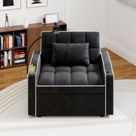 Corduroy Pull-Out Sleeper Chair With Pillow, Brushed Stainless Steel Cup Holder, Phone Stand & Usb Charging Port (Color: Black)