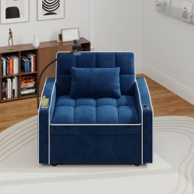 Corduroy Pull-Out Sleeper Chair With Pillow, Brushed Stainless Steel Cup Holder, Phone Stand & Usb Charging Port (Color: Blue)