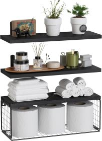 Bathroom Shelf Over Toilet, Floating Bathroom Shelf Wall Mounted with Wire Basket, Floating Shelf for Wall DÃ©cor (Color: Black)