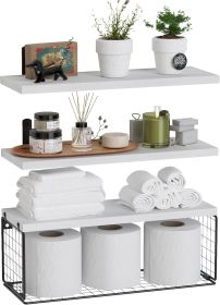 Bathroom Shelf Over Toilet, Floating Bathroom Shelf Wall Mounted with Wire Basket, Floating Shelf for Wall DÃ©cor (Color: White)